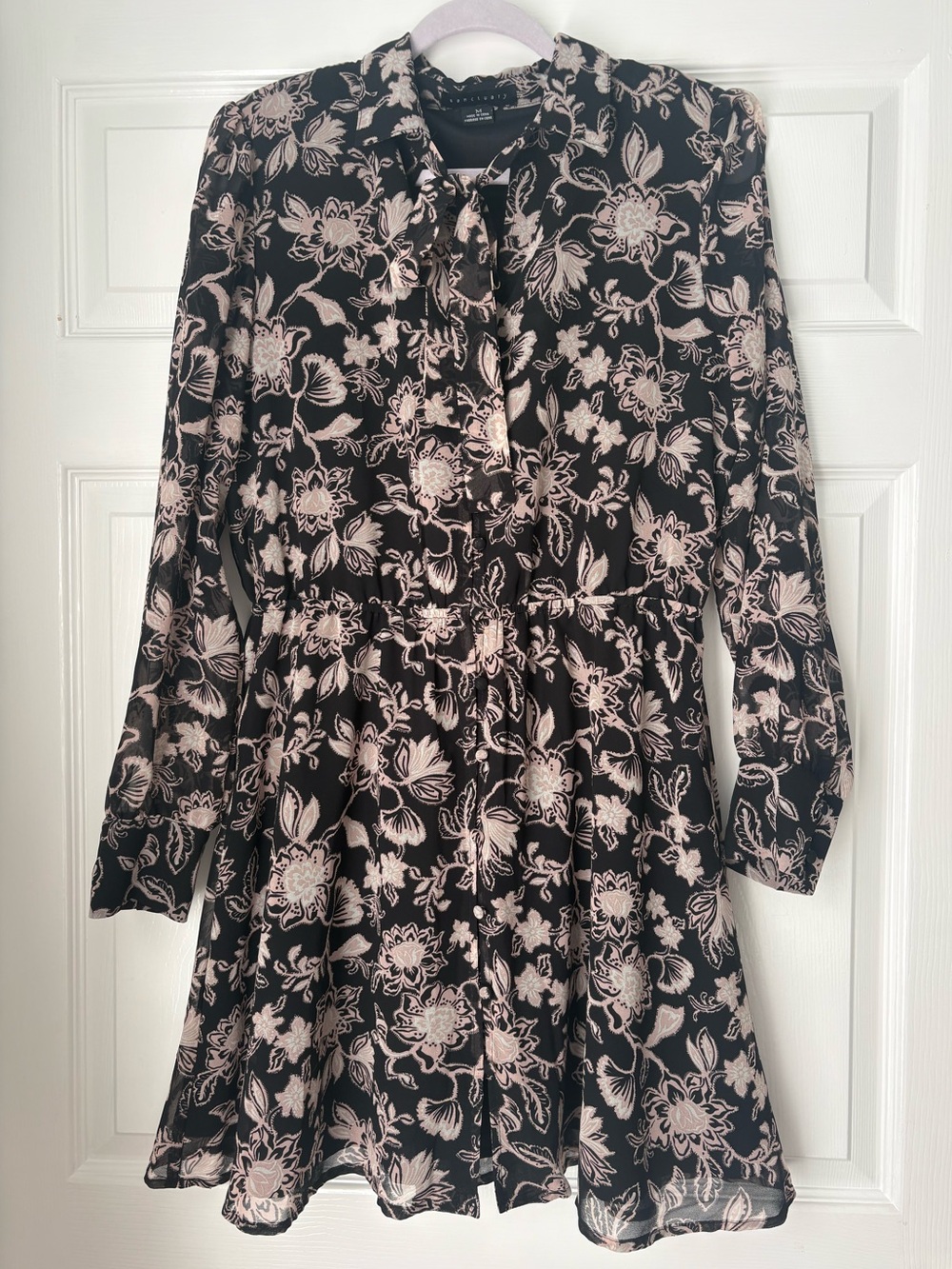 Black Floral Tie-Neck Dress with Pale Pink Print -Women